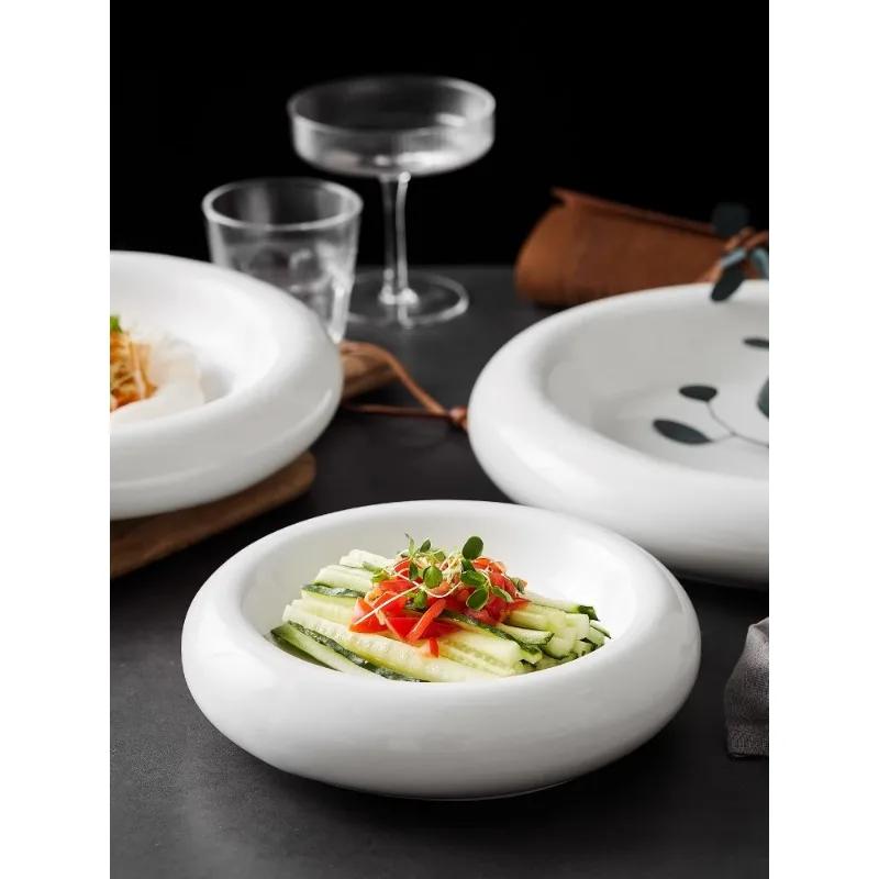 Round White Glazed Ceramic Western-style Dish Double-layer Ceramic Artistic Conception Disk Cold Dish Plate Hotel Tableware