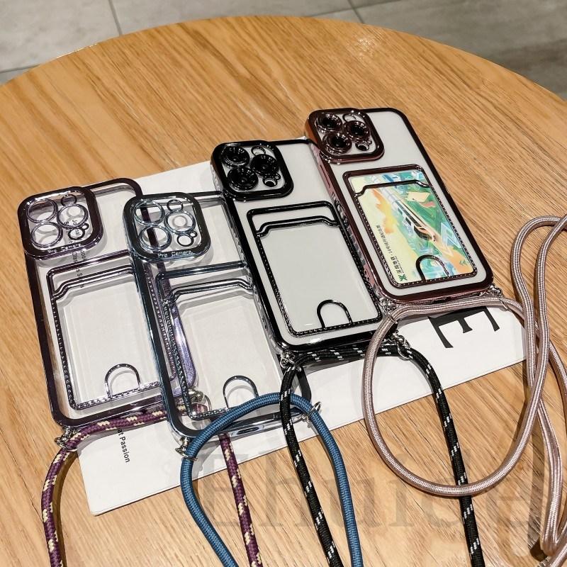 Soft Crossbody Plating Lanyard Necklace Phone Case For Iphone 15 14 13 12 11 Pro Max Xr X Xs 7 8 Plus Wallet Card Holder Cover