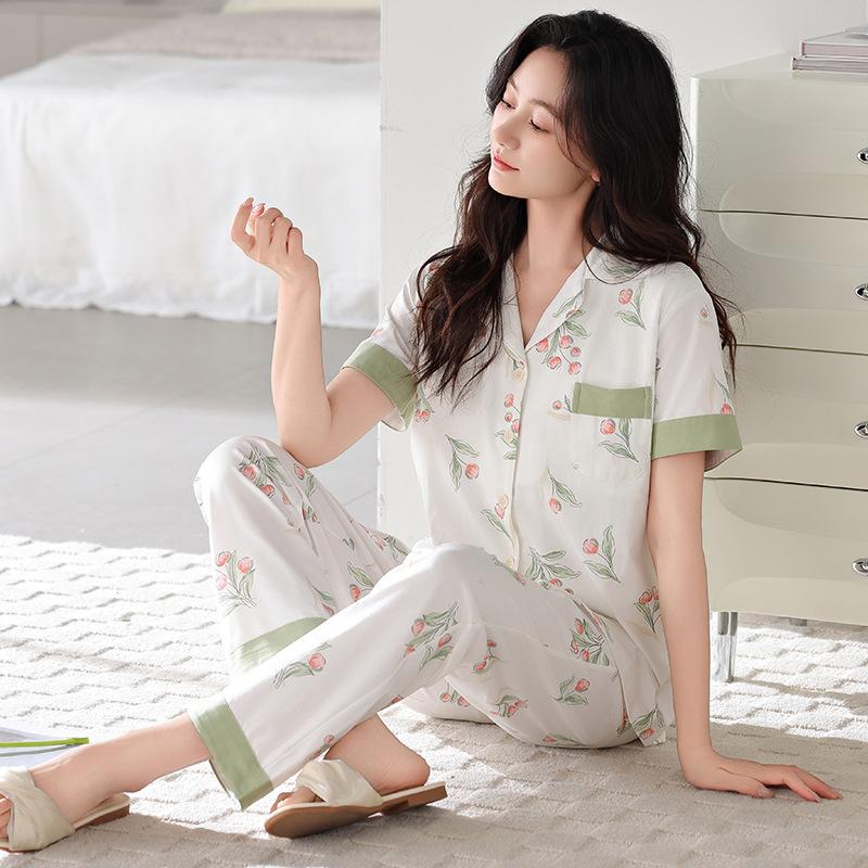 Pajamas women's summer cotton short-sleeved trousers thin summer 1011 new large-size summer cardigan loungewear