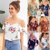 Women Floral Print Spaghetti Strap Cold Shoulder Ruffle Sleeve Blouse