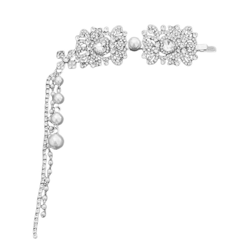 

Luxurious Bridal Hair Accessory Sophisticated Silver Tassels Hairpin Rhinestones and Pearls Hairpiece for Parties 1