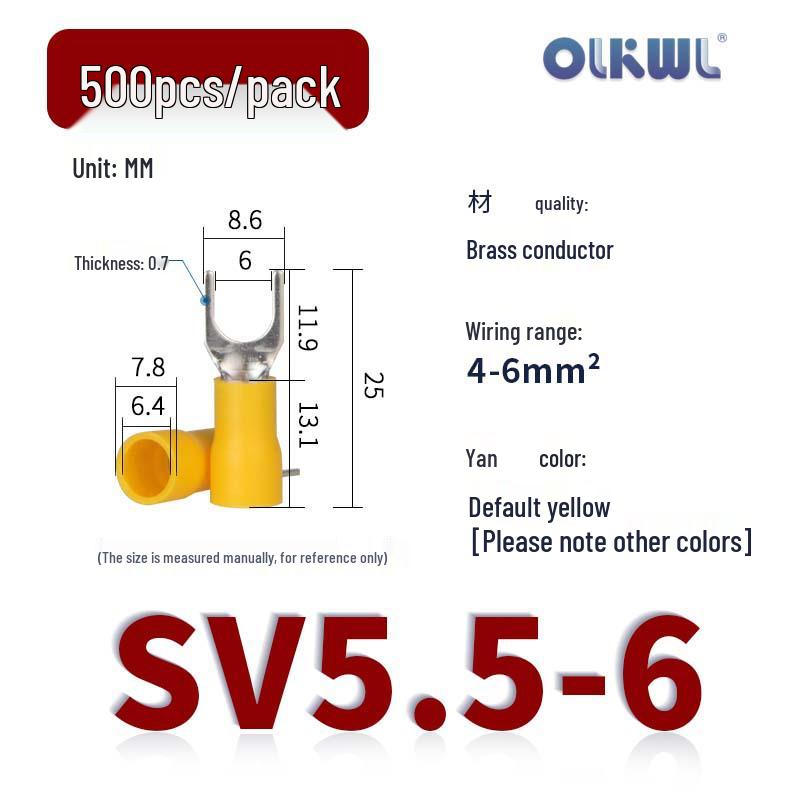 SV European Fork-Type Pre-Insulated Copper Crimp Terminals: SVS1.25-3.2/4/5, SV2-4/5/6 Wire Lugs.