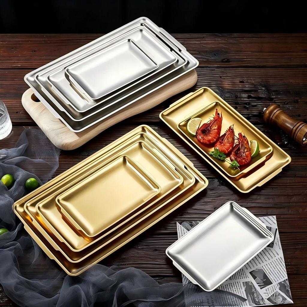 Koreanische Rechteckschale aus 304 Edelstahl, goldfarben, Grillpfanne & Hähnchen-Snack-Teller