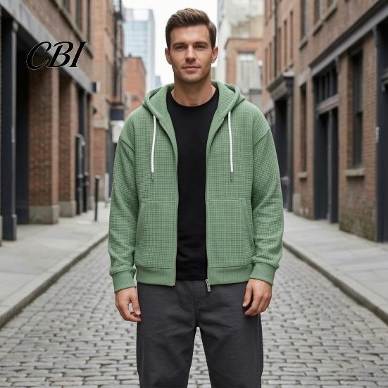 Fashionable Waffle Knit Hoodie Men's Hooded Jacket, Solid Zip Up with Adjustable Lightweight Athletic Outerwear Hood & Pockets, Long Sleeve