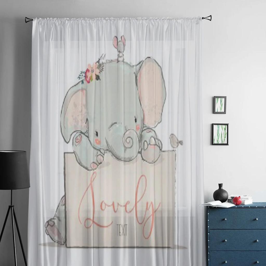 Lovely Elephant and Bird Tulle Curtains for Living Room Bedroom Window Sheer Curtains Kitchen Balcony Voile Curtains