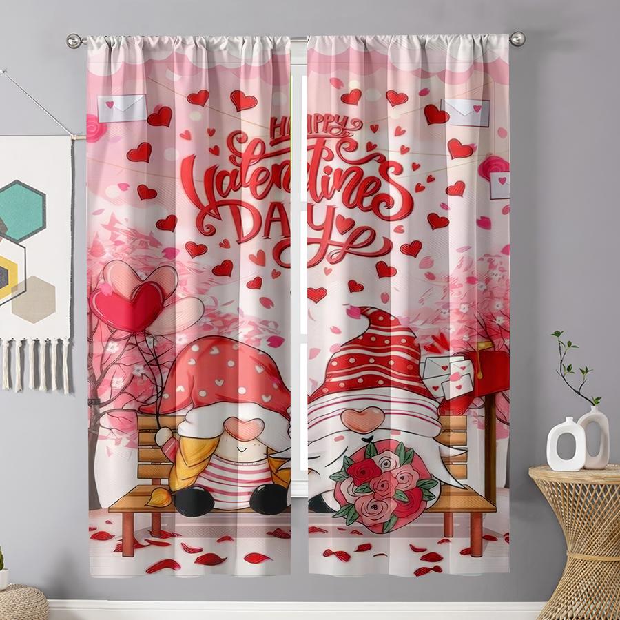 2 Stück "Happy Valentine's Day" Gartenzwerg & Herz Vorhänge   Perfekt für festliche Fensterdekoration Vorhang mit Stangendurchzug