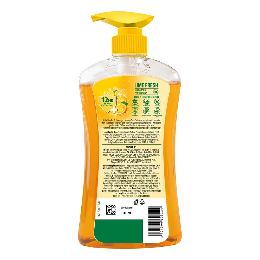 Dettol Body Wash and Shower Gel, Lime Fresh - 500ml | Soap-Free Bodywash | 12h Odour Protection