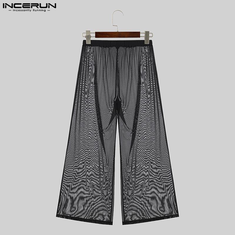 INCERUN Summer Men High Waist Transparent Pants Wide Leg Fishnet Trousers