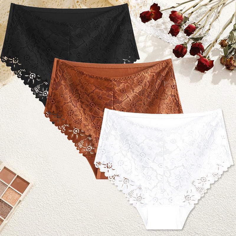 FINETOO 3 Pezzi Mutandine da Donna a Vita Media in Pizzo Sexy Colore Unito Rifiniture in Pizzo Biancheria Intima Femminile Lusso Svuotate Slip Comodi Traspiranti Lingerie