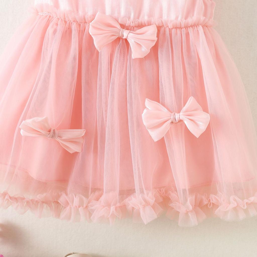 Girls' Fashionable Bow Tie Netted Chiffon Dress - Summer Children's Princess-style Dress