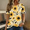 Women's Round Neck Short Sleeve Floral Print T Shirt Top with Button Detail Casual Lightweight Summer Blouse