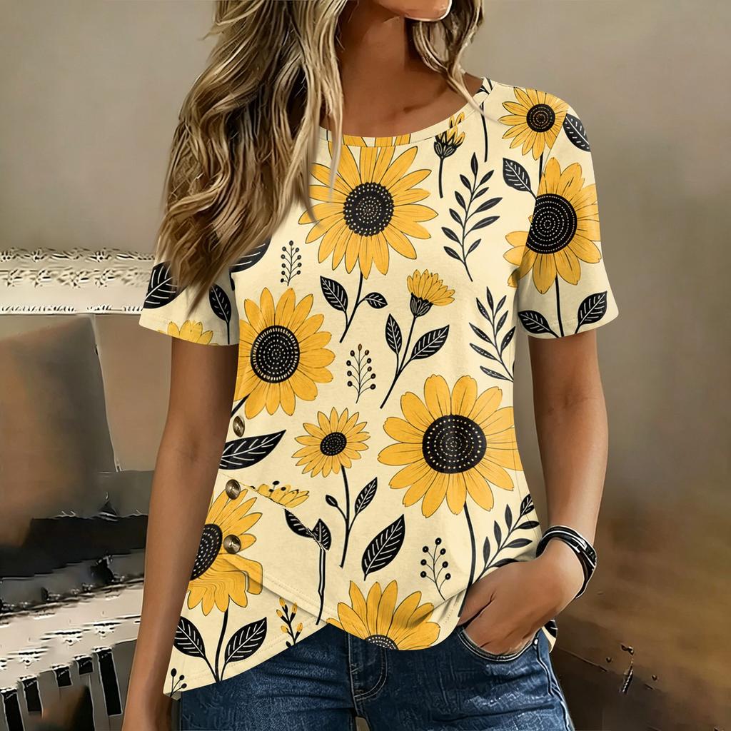 Women's Round Neck Short Sleeve Floral Print T Shirt Top with Button Detail Casual Lightweight Summer Blouse
