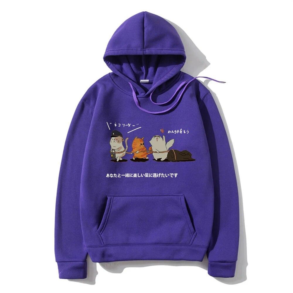 Men Hip Hop Unisex's Hoodies Streetwear Japanese Kanji Harajuku Funny Cat Unisex Hoodies Sweatshirts Autumn Winter Oversized Clothing