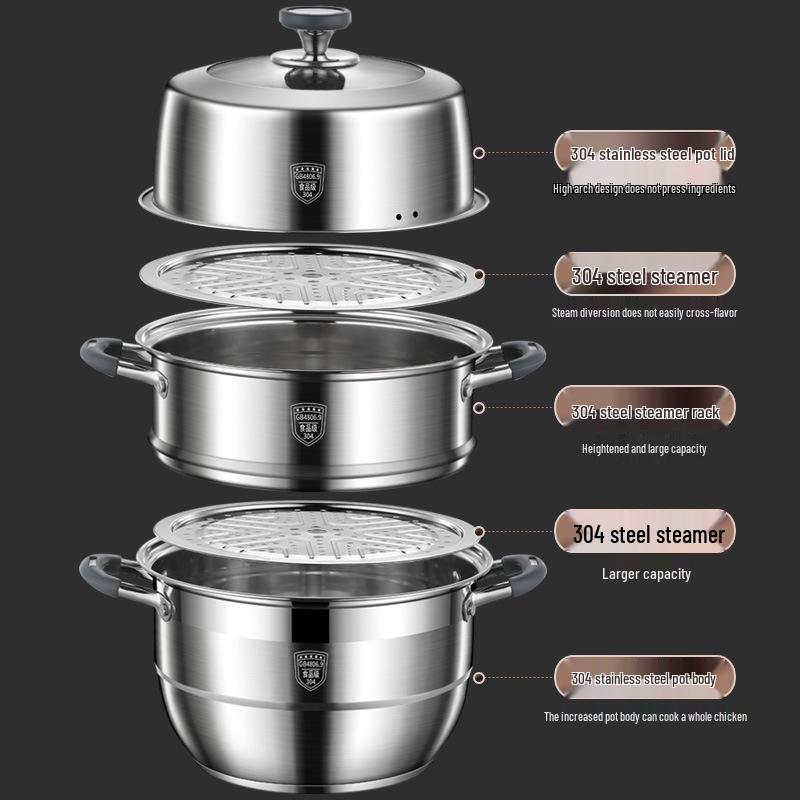 Large Capacity 304 Stainless Steel Steamer Pot with Thickened Multi-Layer Steaming Baskets for Household Use