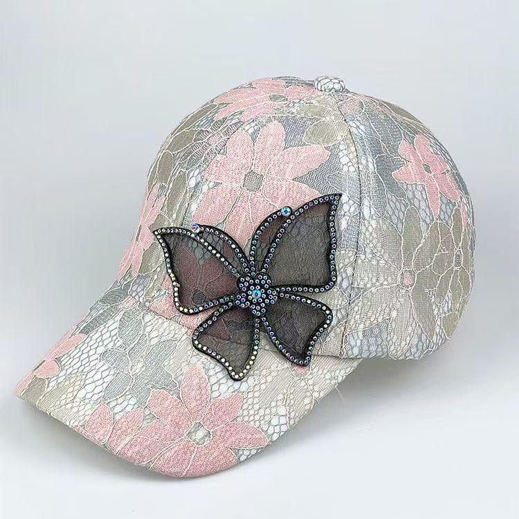 Șapcă de baseball cu strasuri în stil coreean pentru femei, cu plasă dantelată cu fluturi - Pălărie de soare de vară