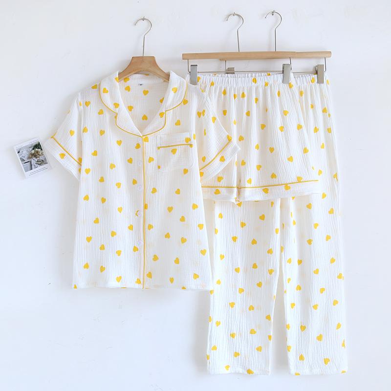 New Summer Pajamas Set 100% Cotton Crepe Love Short Sleeves + Shorts + Pants Three Piece Set Buckle Cute Ladies Pajamas