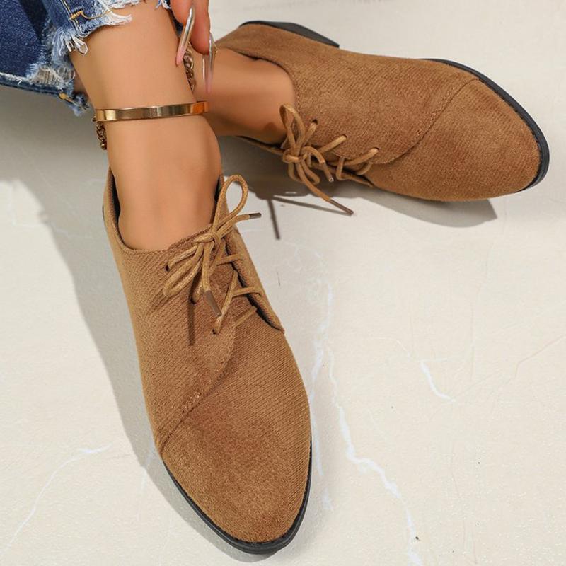 Fashion Comfortable Faux Suede Low Heel Pumps Women Solid Color Lace Up Loafers Woman Plus Size 36-43 Pointed Toe Casual Shoes Female