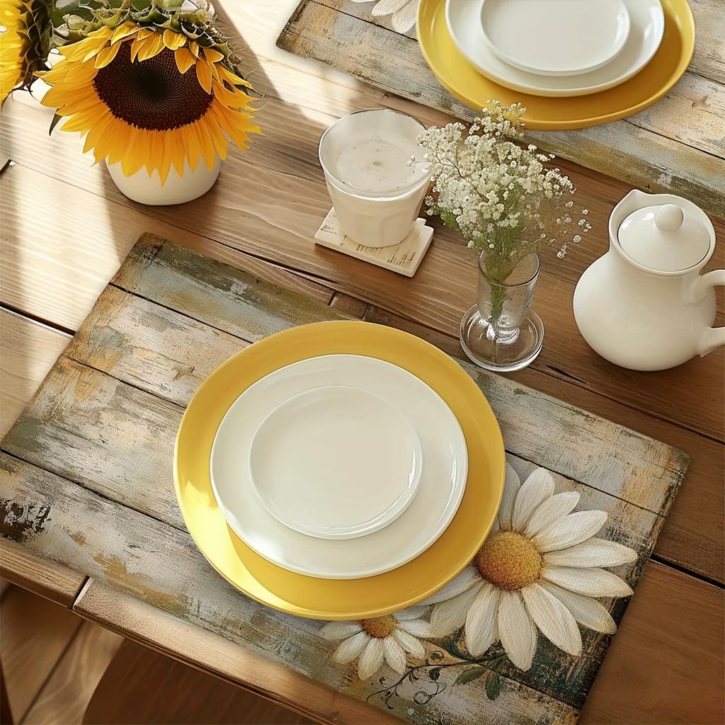 4/6pcs Butterfly Daisy and Mottled Wood Plank Spring Summer Placemats, Kitchen Rectangular Table Mats 12x18 Inches, Suitable for Family Kitchen Party