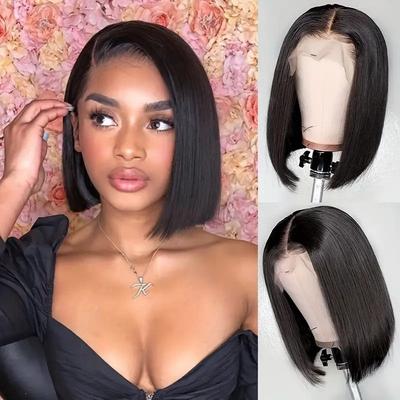 Peruca Bob de Moda Europeia e Americana para Mulheres Peruca com Franja de Renda Estilo Reta de Comprimento Médio Africana