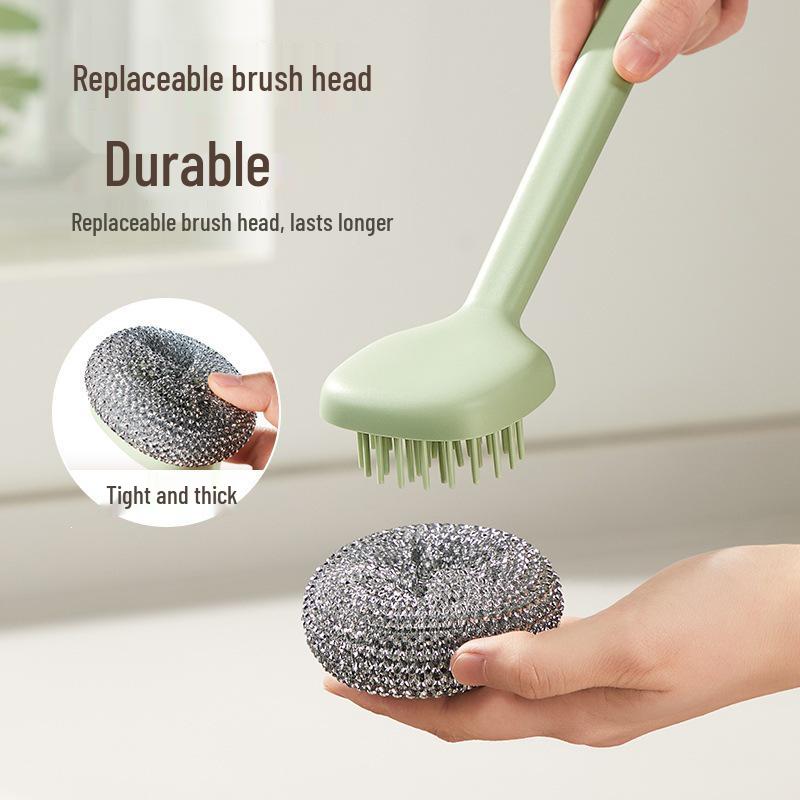 Long Handle Stainless Steel Pot Brush Detachable Scrubber for Kitchen Cleaning