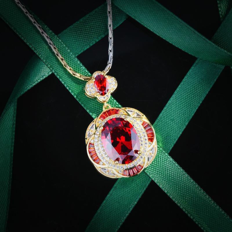 

Pomegranate red zirconia set: floral necklace, red diamond stud earrings, and open-ended gemstone ring