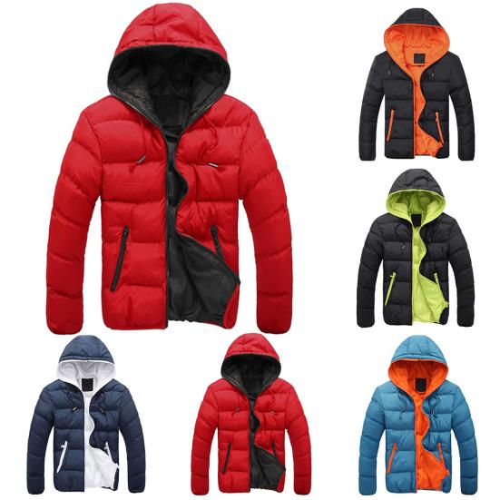 Autumn Winter Men Color Block Zipper Warm Cotton Coat Casual Hooded Down Jacket
