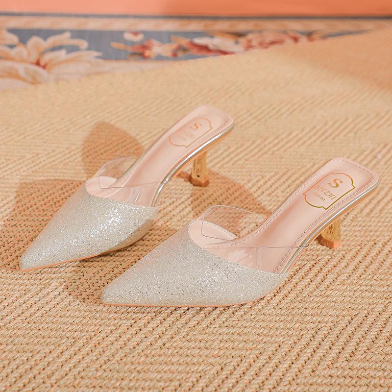 

Шампань сумка голова полушлепанцы женские простые темпераментные универсальные сандалии шпилька высокие каблуки шлепанцы большой размер 43 серебряный