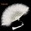Vintage Feather Lace Folding Fan with Tassels Portable Summer Hand Held Fan Decoration Dance Performance Props Party Costume Accessories