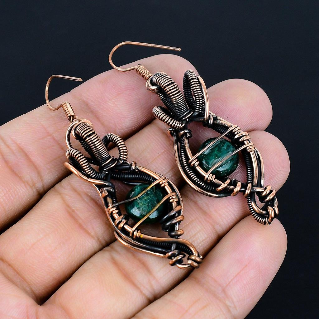 Emerald 999 Copper Wire Wrapped Earrings, Handmade Gemstone Earrings Jewelry, Gifts For Wife Brand New Earrings