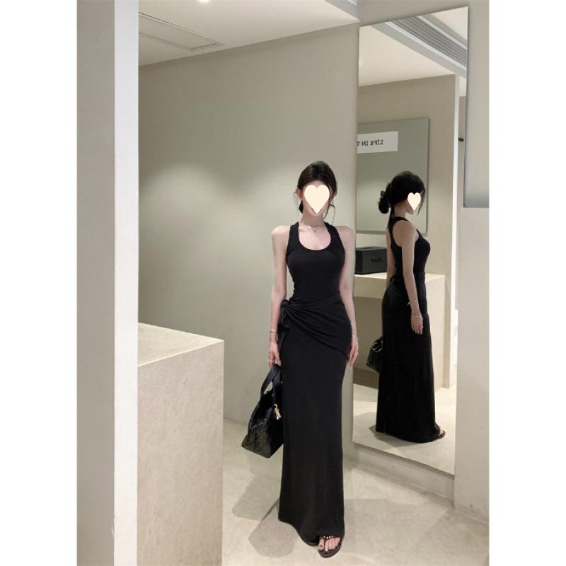 Black u-neck sleeveless I-shaped vest dress women's summer spice girl waist slim skirt temperament hip-wrapped long dress