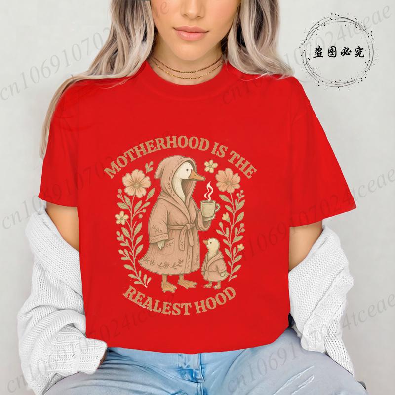 Funny Mom Shirt,Mom Goose T-Shirts,Motherhood Is The Realest Hood Tee, Mom Gift,Boho Retro Mama Women's Shirt T-Shirts Tops