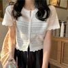 Gestrickte Ausgeschnittene T-Shirts Damen Sommer Knopfleiste Kurzarm Crop Top Frau All-Match Rundhals T-Shirt Weiblich