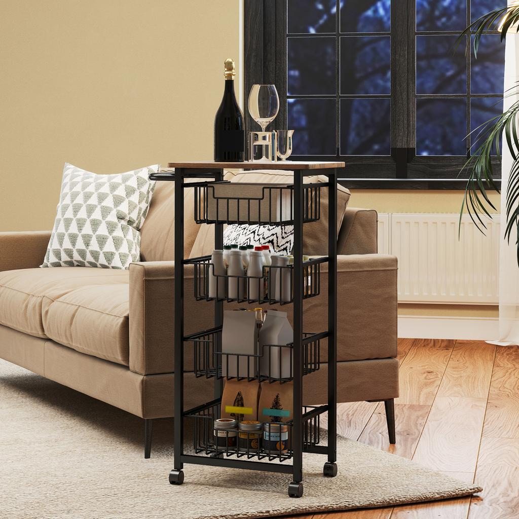 Four Basket Mobile Kitchen Island, with Brakes - Oak/Black