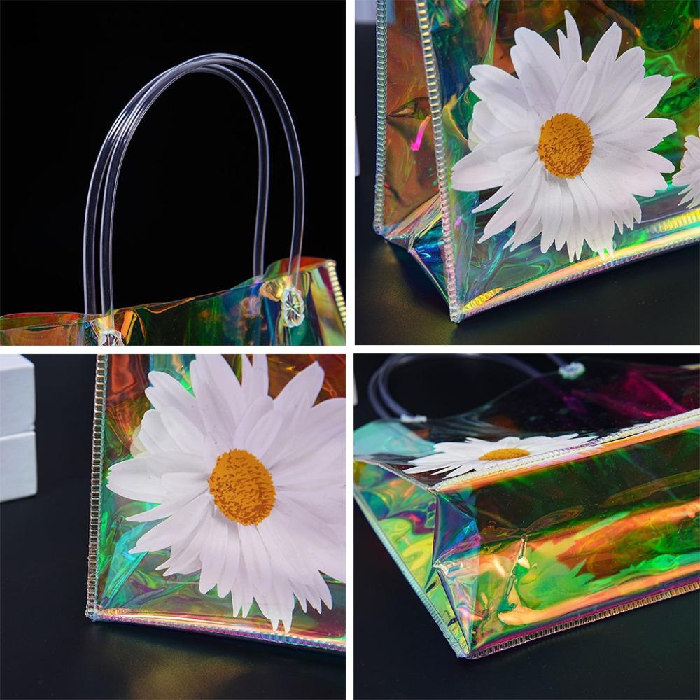 4pcs Holographic Clear Gift Bags with Handle Party Favor Bags Plastics Shopping Bags Goodie Bag Tote Bags Rainbow Holographic Gift Bag Gift Wrap Bag
