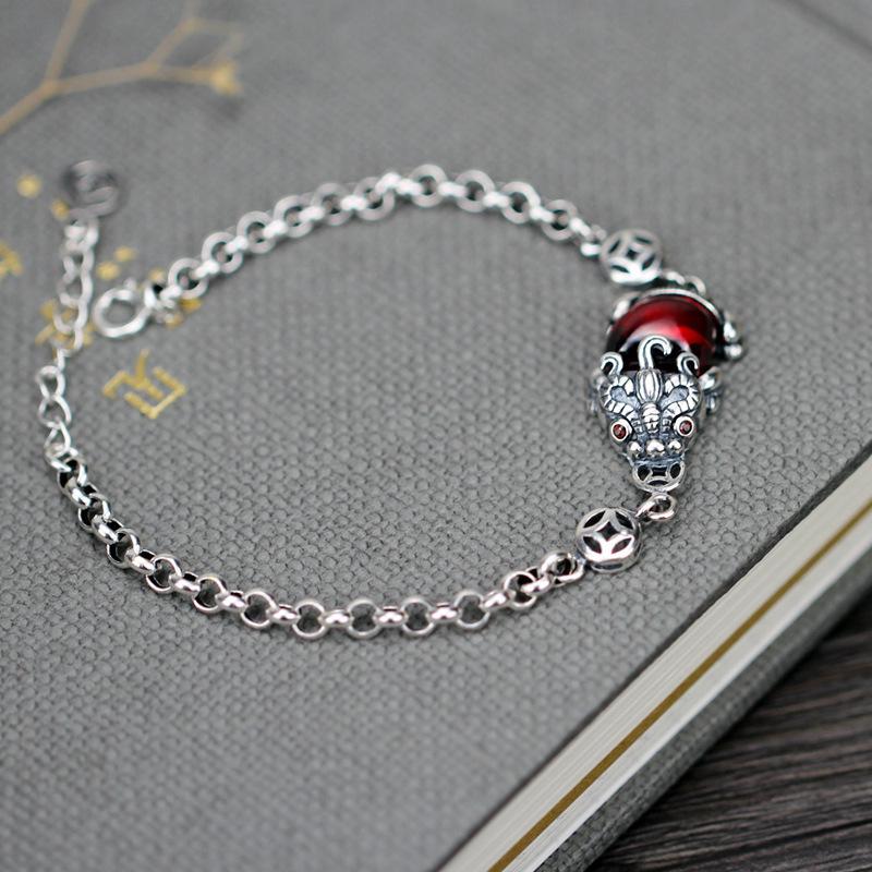 S925 Sterling Silver Pixiu Bracelet with Garnet: Women's Retro Ethnic Style Classic Couple's Gift