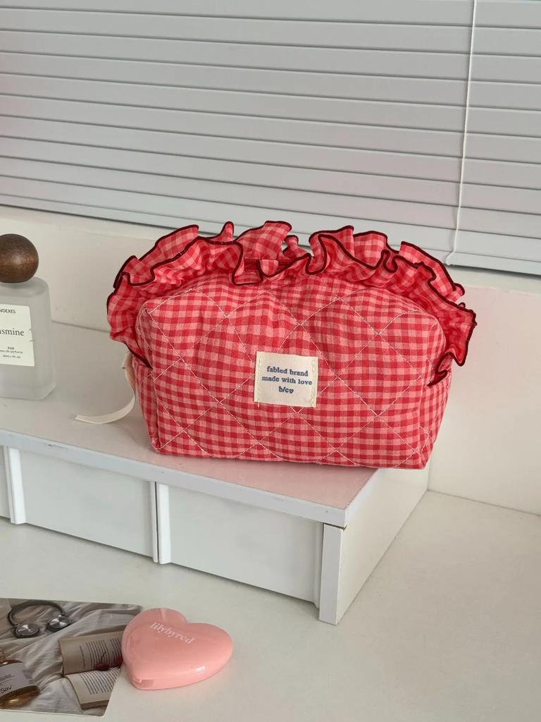 Kontrastfarbene Karomuster Damen Kleine Aufbewahrungstaschen Beutel Geldbörse Damen Kosmetiktasche Handtaschen Süßes Spitze Damen gesteppte Kosmetiktasche