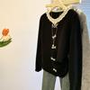Korean Chic Lace Trim Round Neck Sweater Cardigan with Bow and Ruffle Edges for Women’s Autumn Winter Fashion.