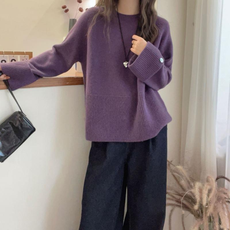 Autumn Winter Round Neck Solid Color Pullover Knitting Top Women Simple All-match Bottomed Sweater