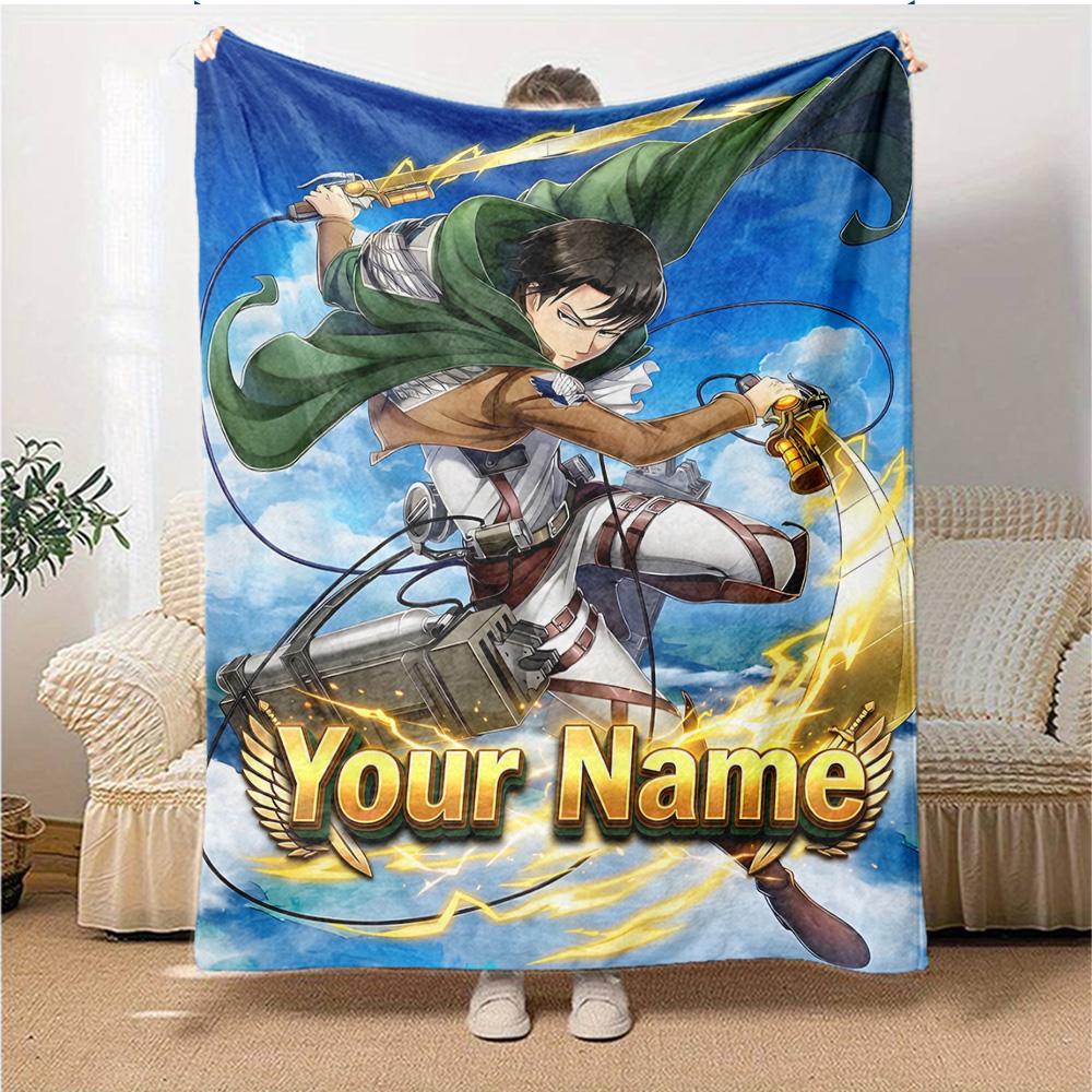 1pc Attack on Titan Blanket with Custom Name, Gift, for Men and Women, Soft Blanket, Good for Sofa Bed Couch Travel, Lightweight Flannel Blanket
