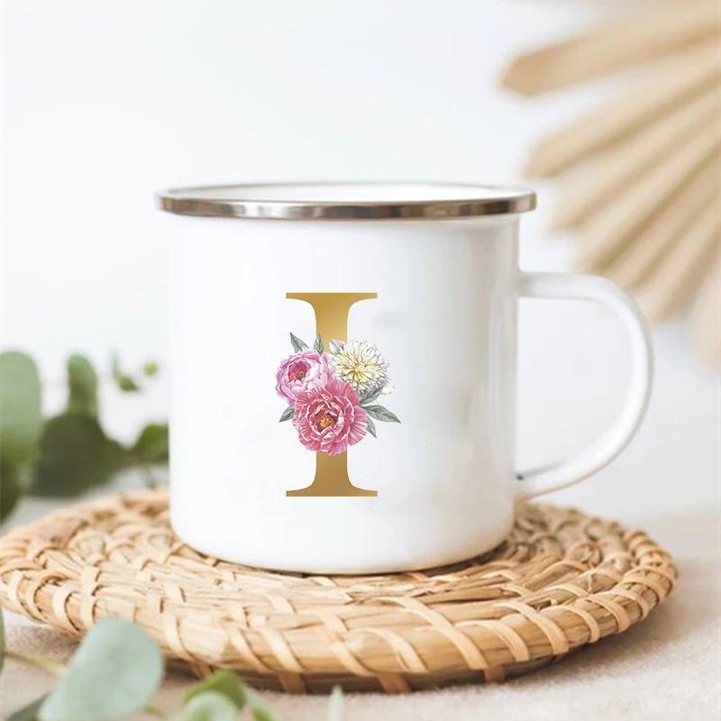 Letter Floral Print Vintage Enamel Mugs Creative Coffee Tea Cup Drink Dessert Milk Cups Handle Drinkware Wedding Bridesmaid Gift