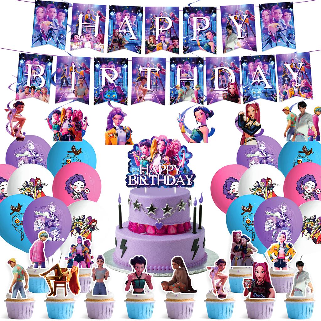 Nuovo Set Festa con Palloncini Cacciatore di Demoni K-pop Stendardo Tavola Decorazioni Festa di Compleanno Festa Kpop Coreana Anime Palloncini Topper per Torta