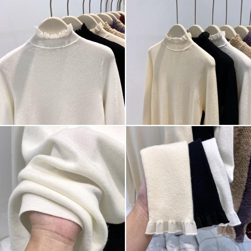 Autumn and winter lace semi-turtleneck knitted bottoming shirt women's soft waxy sweater temperament with high-end long-sleeved top