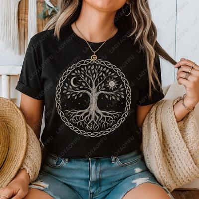 Baum des Lebens mit Sonne Mond Aufdruck T-Shirt Tops Spirituelles Geschenk für Naturliebhaber Shirt Frau Kleidung Mann Baumwolle Streetwear Tops