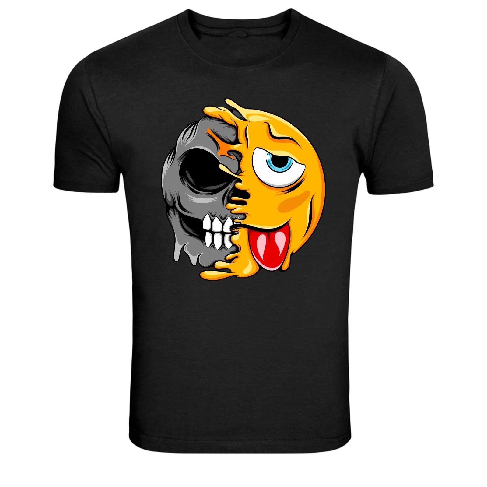 Half Skull Half Melting Emoji Tongue Out Funny Cartoon Graphic T-Shirt XL