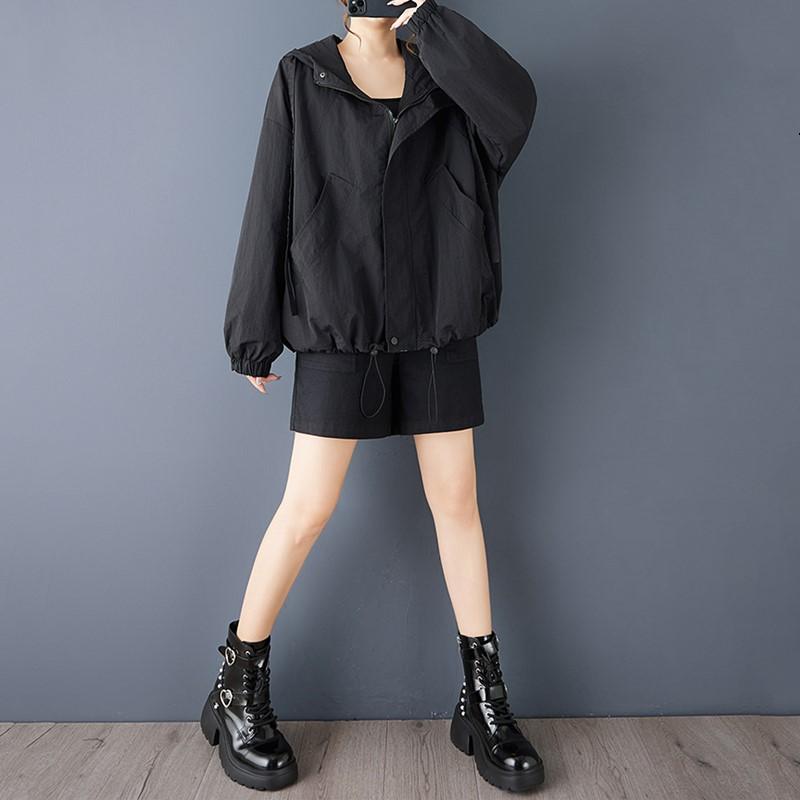Übergroße Vintage schwarze Kapuzenjacken für Damen Oberbekleidung lässig locker Frühling Herbst Jacke Mantel