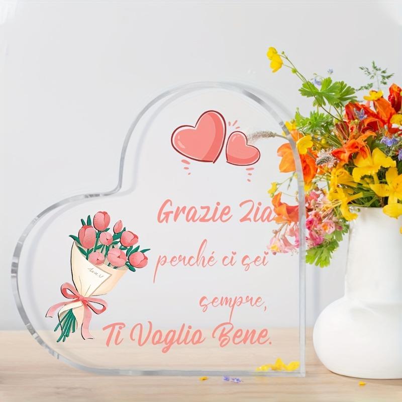 2D Flat, "Grazie Zia" Heart-Shaped Acrylic Thank You Gift Tabletop Decor Plaque, Floral Design, Home Decor Plaque Hanging Wall Art Decorative Garden D