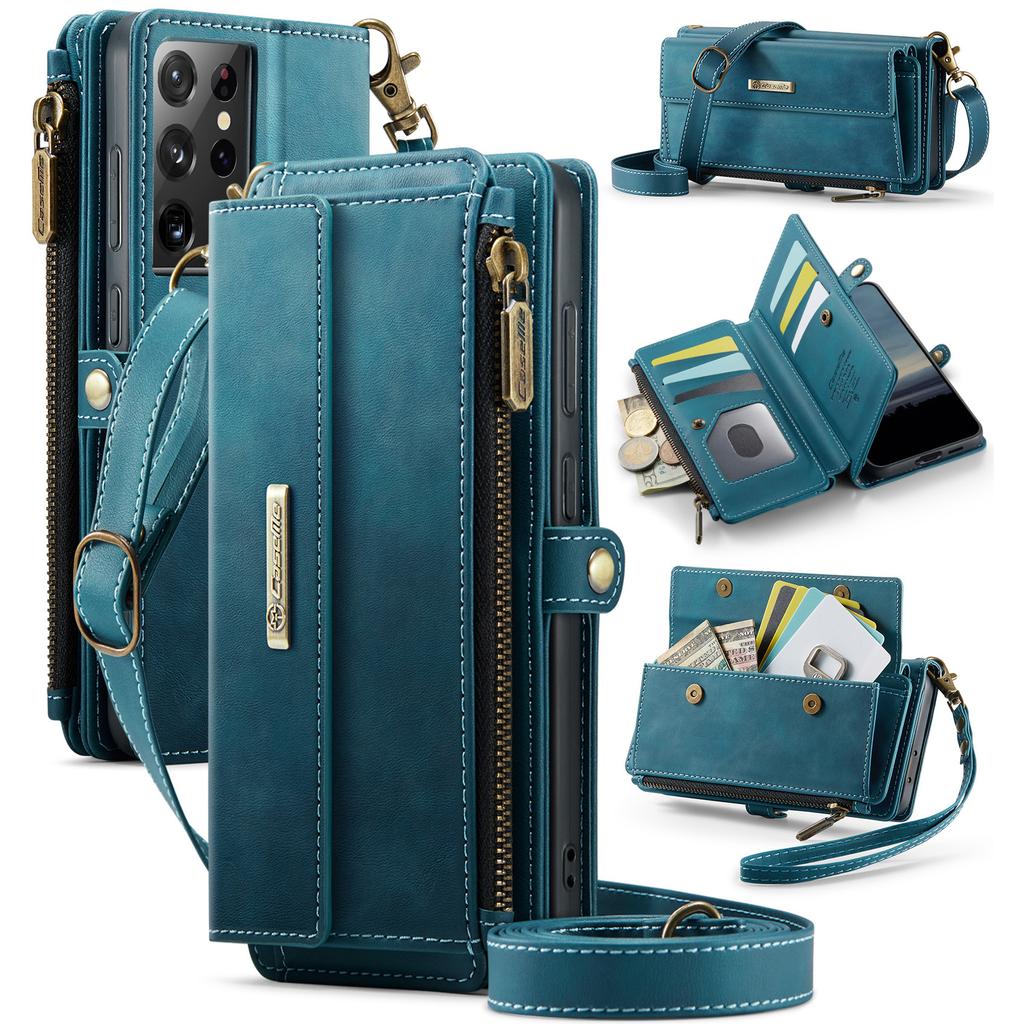For Samsung Galaxy S21 Ultra 5G Case CASEME C39 RFID Blocking Zipper Wallet Stand Leather Cover with Strap