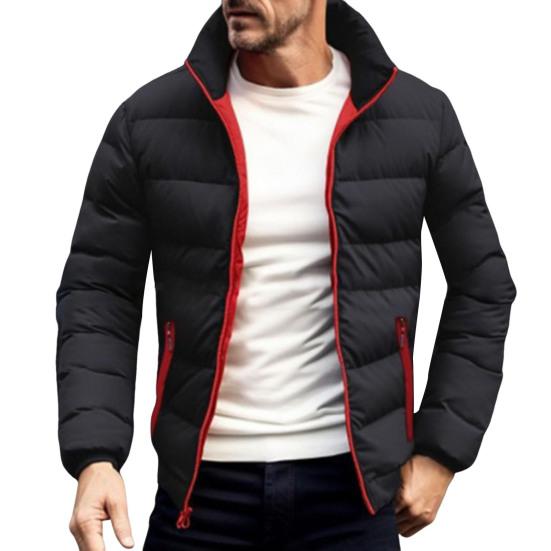 Men Down Coat Stand Collar Long Sleeve Full Zipper Closure Solid Color Jacket Coat with Side Zipper Pockets Outdoor Leisure Quilted Outwear