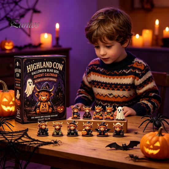 Halloween-Schmuckset Schottische Hochlandkuh Adventskalender, 24-Tage Countdown-Box Geschenk mit 24 Stück Figuren, Gruselige Dekorationen für Kinder
