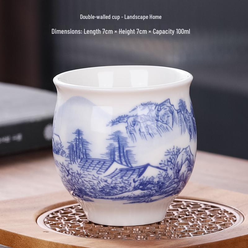 Blue and White Porcelain Heat-Insulating Ceramic Tea Cup - Large Anti-scalding Double-Walled Design for Home Use